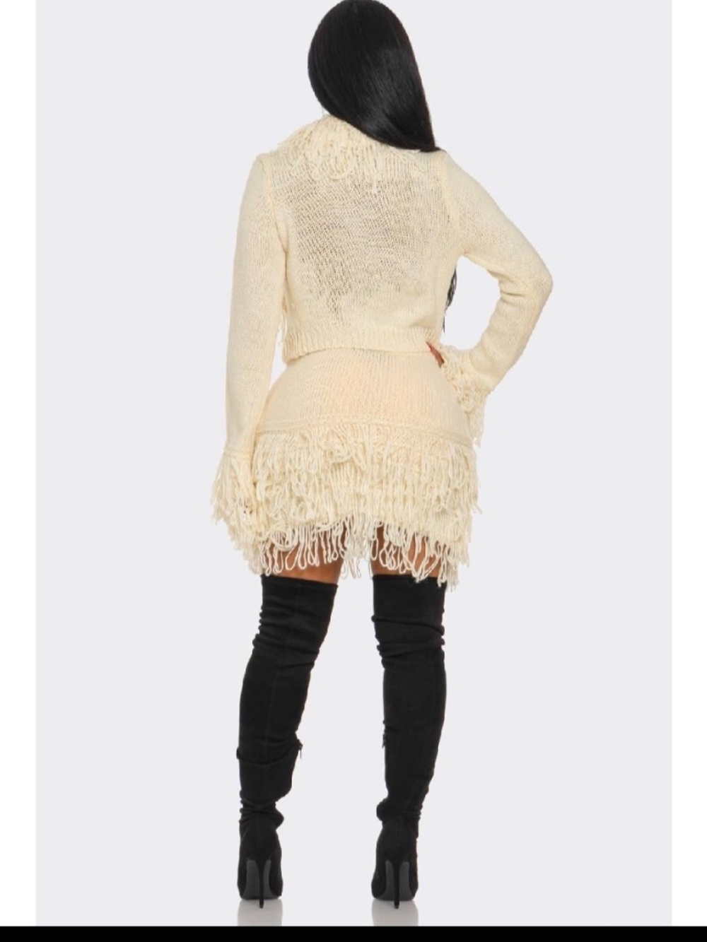 FRINGE TEXTURE KNIT SWEATER SKIRT SET: CREAM - Picture 2 of 2